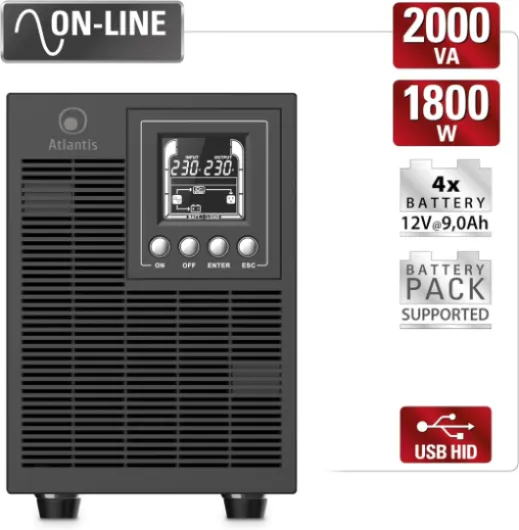 A03-OP2002P Pro Onduleur (UPS) Online Double Conversion et Pure sinusoïde avec Une Puissance de 2000VA 1800W, Tour, écran LCD, USB, RS-232 série, 4 Sorties IEC, Slot SNMP, 4x12V-9Ah