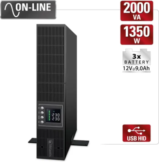 A03-OP2002-RC Onduleur (UPS) Online Double Conversion et Pure sinusoïde avec Une Puissance de 2000VA/1350W, Serveur Convertible, écran LCD, USB, RS-232, 8 Sorties IEC, Slot SNMP 3x12V-9Ah