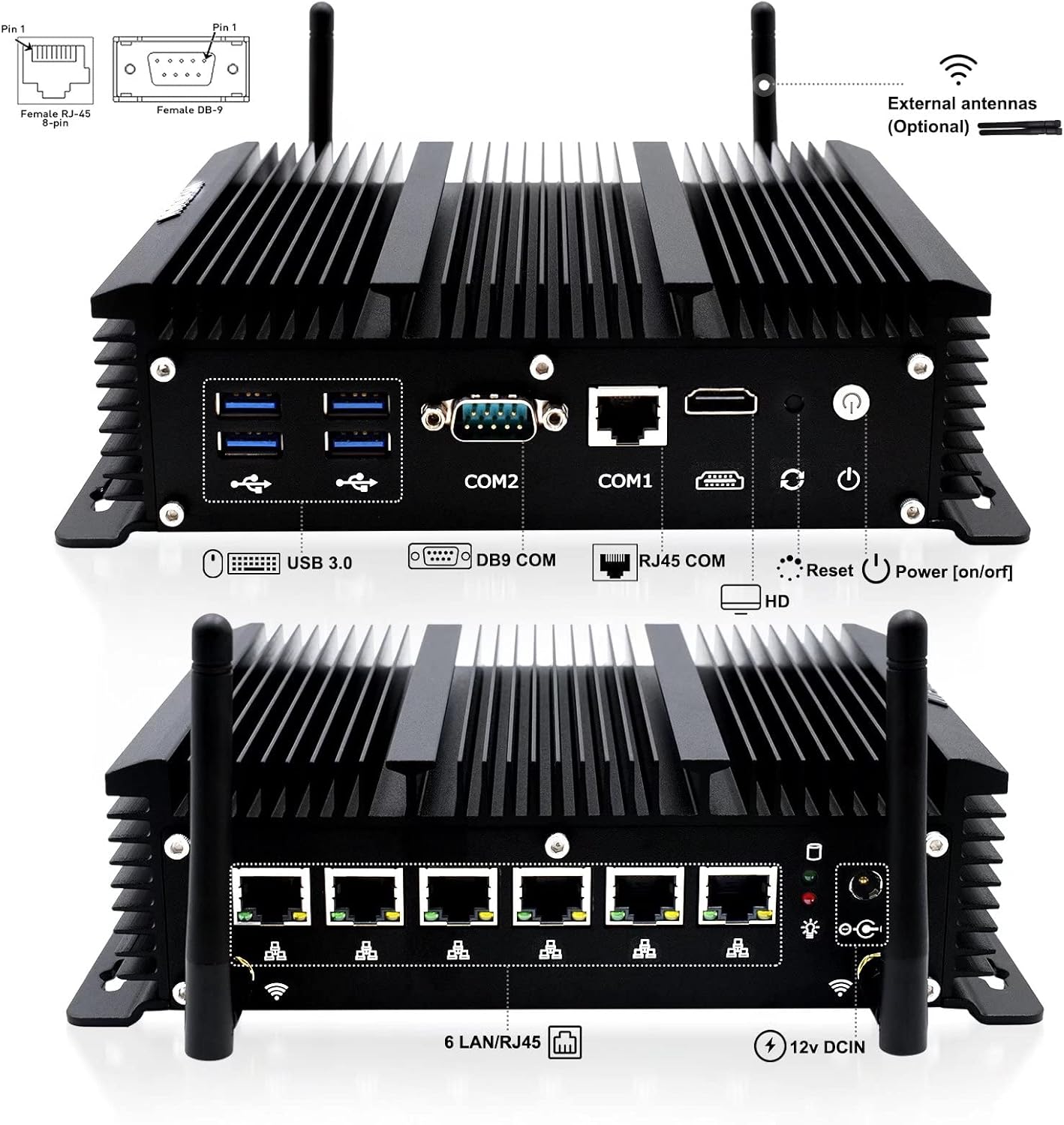 Firewall PC Micro Appliance 2.5G, Fanless Computer 6 x 2.5GbE I225-V Port, Industrial PC Core i5-8260U, HD, USB3.0, WiFi, SIM Slot, RS232 COM, RJ45 COM, OPNsense (8GB RAM 128GB SSD)
