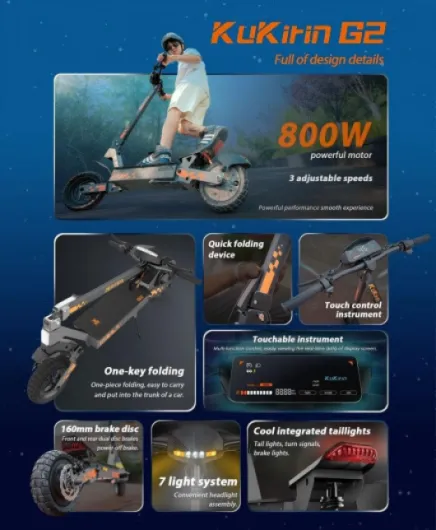 Trottinette électrique Pliable Kukirin, Moteur 800 W, Batterie 48 V 15 Ah, pneus 10 Pouces, autonomie 55 km, écran Tactile, Freins à Disque Avant et arrière（Version 2026）