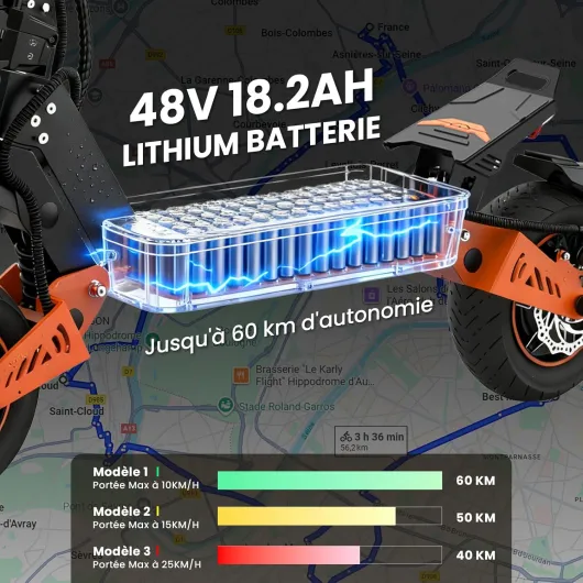 La Trottinette électrique Adulte, Batterie 23,4 Ah (autonomie 85 km), amortisseurs hydrauliques à Bras (Avant/arrière), Propulsion Double + 2 Moteurs, pneus Tout-Terrain 12 Pouces, montée 35° Distance de 60 km - VF5 Pro Orange et Noir
