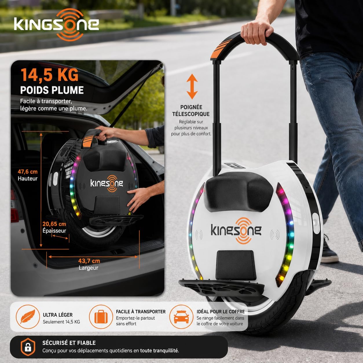 KINGSONG 14D Pro Gyroroue Électrique CE & UL2272, 30 km/h, Pente 32°, Moteur Puissant 800W (2400W Max), Batterie Longue Autonomie 420Wh, Monocycle Auto-Équilibré pour Adultes & Débutants – Noir