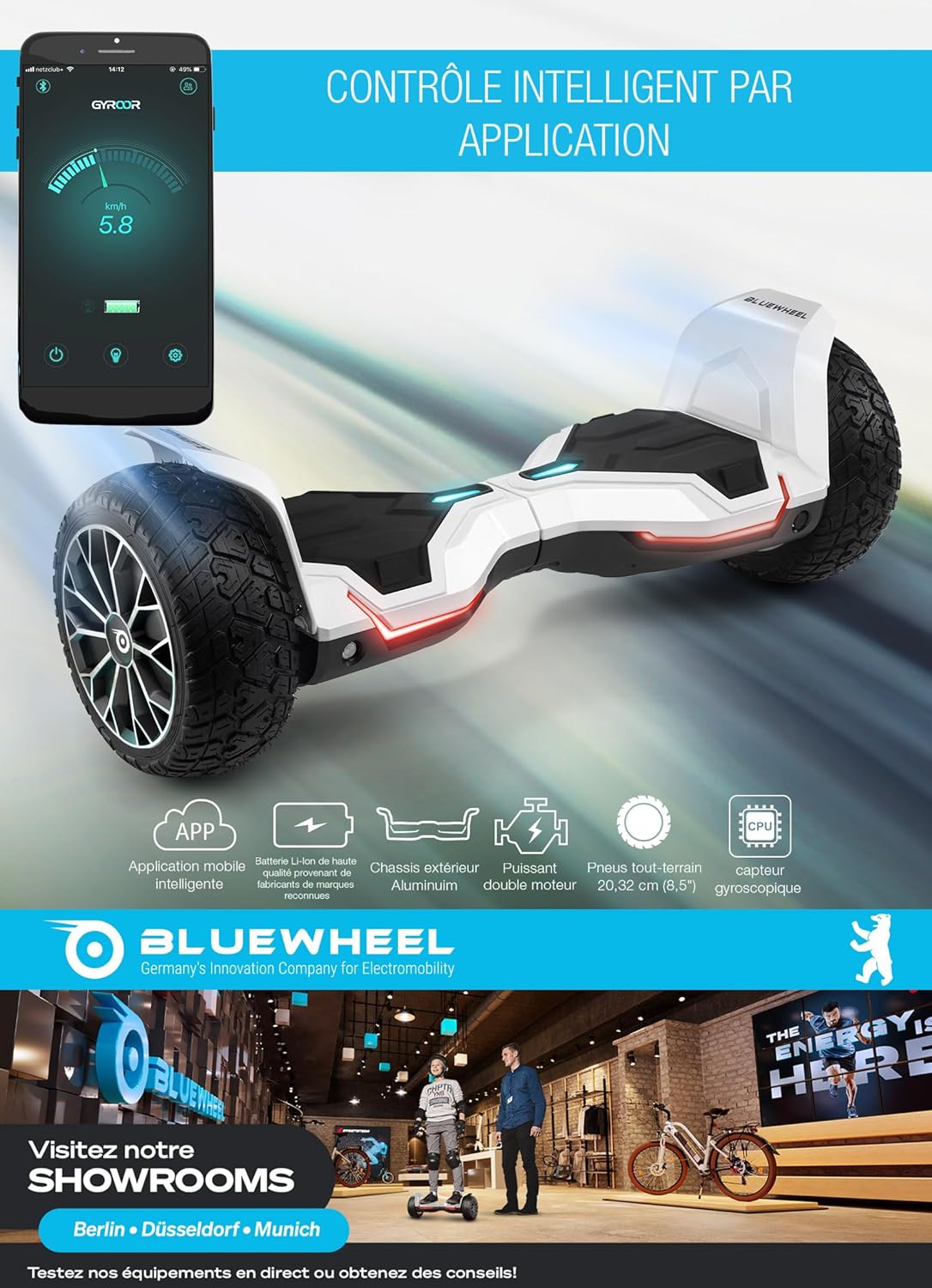 Gyropode Premium 8,5“ Bluewheel HX510 SUV - Marque & qualité Allemande - Mode sécurité Enfants & Appli - Bluetooth - Moteur Double Efficace -Coque Aluminium - Skateboard électrique Self Balance Board Blanc