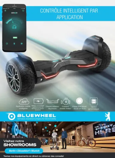 Gyropode Premium 8,5“ Bluewheel HX510 SUV - Marque & qualité Allemande - Mode sécurité Enfants & Appli - Bluetooth - Moteur Double Efficace -Coque Aluminium - Skateboard électrique Self Balance Board Noir