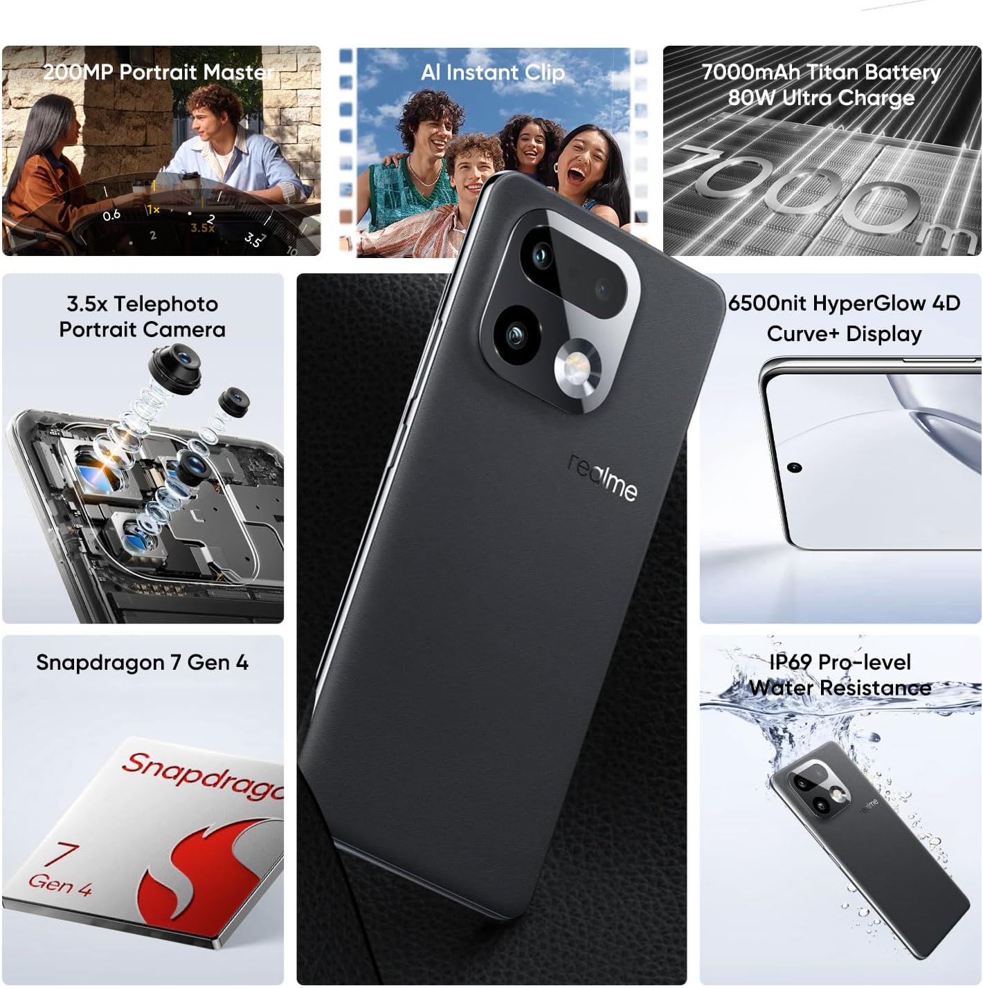 Realme 16 Pro+ 5G Smartphone 12+512GB,Écran 6,8 Pouces,Master Grey,Affichage 144Hz,Charge 80W Ultra Charge,Batterie 7000mAh,Appareil Photo 300MP,Snapdragon 7 Gen 4,IP69 Master Grey 512.0 Go 12.0 Go