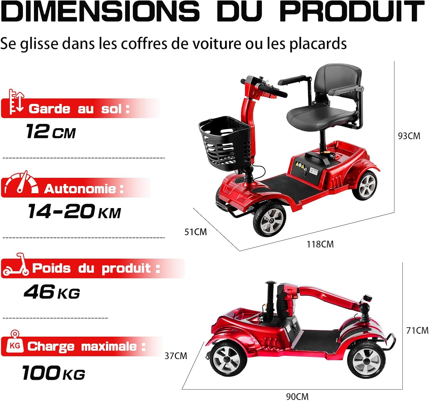 Z02 Véhicule de Mobilité Électrique Pliable et Léger pour Adultes, 4 Roues Trottinette Électrique Adulte avec Siège, Autonomie 20KM, Conçu pour Personnes à Mobilité Réduite et Handicapés (Rouge) Z02-Red