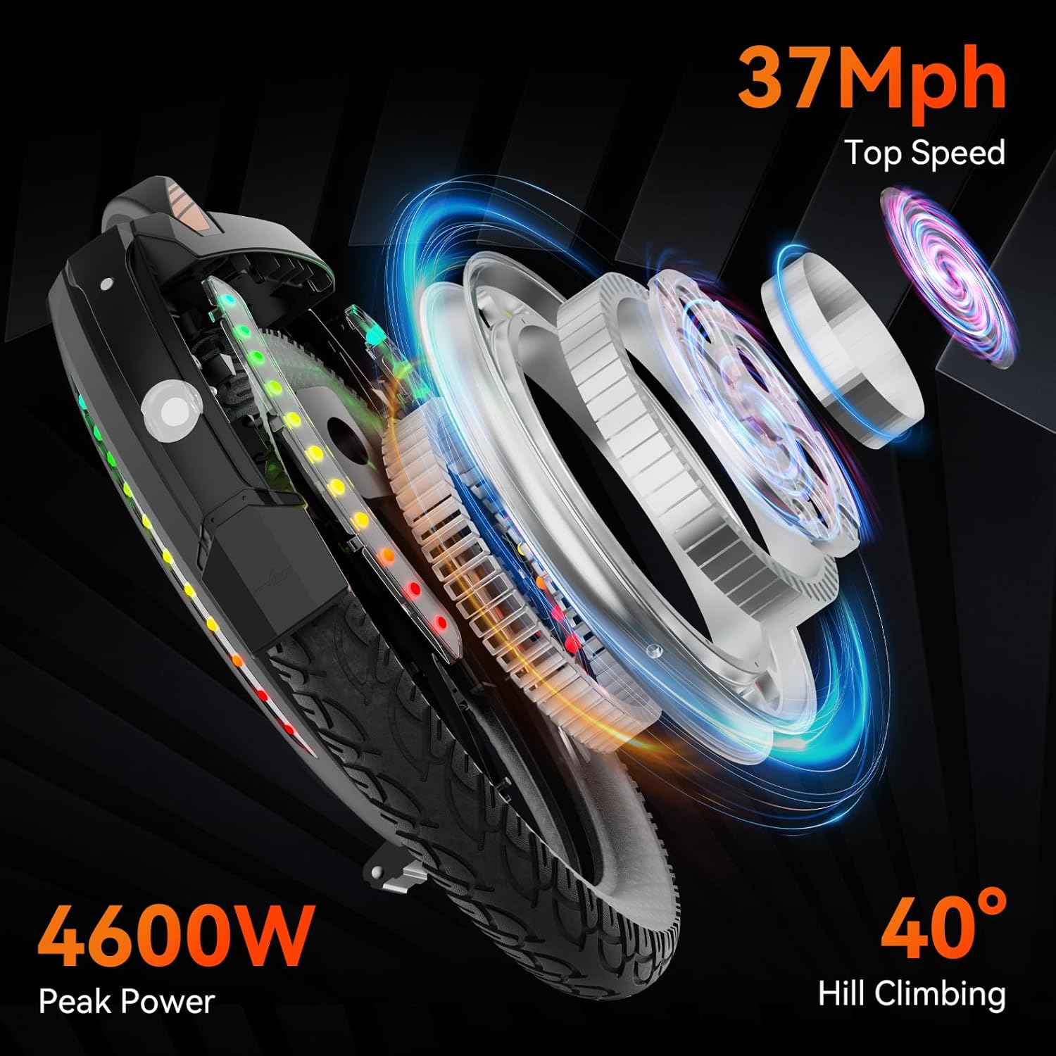 Gyroroue Electrique KS-18XL, Adulte,Noire, Moteur 2200W, Autonomie jusqu'à 80km, bridée 25km/h, Pneu Gonflable 18", Haut-Parleur et Bluetooth