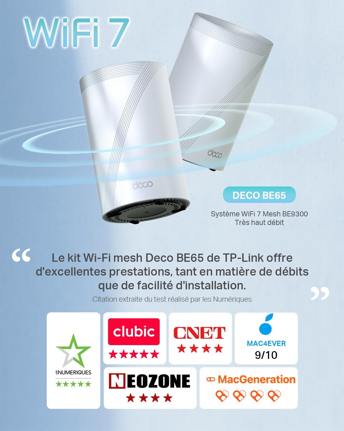 TP-Link Deco Routeur WiFi 7 Mesh BE9300 Tri-Bande, Port Ethernet 2,5G, Couverture de 530㎡, Itinérance IA Transparente, Connectez 200 appareils, Compatible Toutes Les Box Internet, Deco BE65(3-Pack)