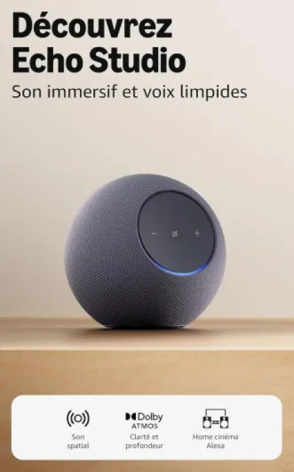 Amazon Echo Studio avec son spatial immersif et Dolby Atmos + Fixation murale « Made for Amazon » pour Echo Dot Max