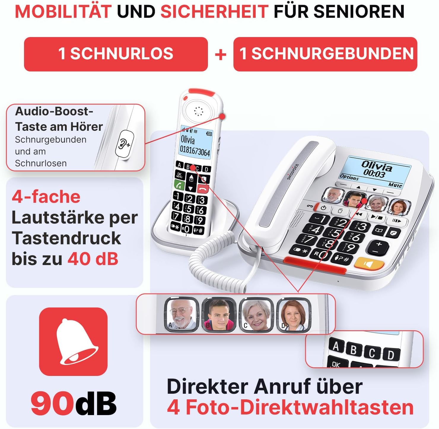 Xtra 3355 Combo - DECT - Téléphone Fixe Filaire + Combiné Sans Fil - Larges Touches - Répondeur - Audio Boost - Sonneries Fortes - Compatible Aides Auditives - Blocage D'Appel - Blanc