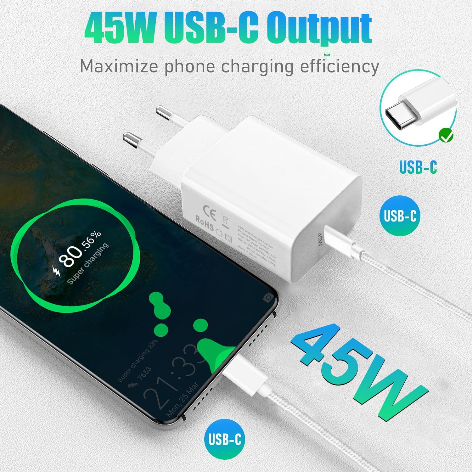 45W Chargeur Rapide,2-Pack Chargeur Prise avec Cable pour Samsung Galaxy S24 Ultra/S25 Plus/S26 Ultra/S23 S22/S21 S20 FE,A57 A37 A27 A56 A54 A55 5G/A36 A25 5G A26 A54 A53 A35 A25 Z Fold USB C Secteur