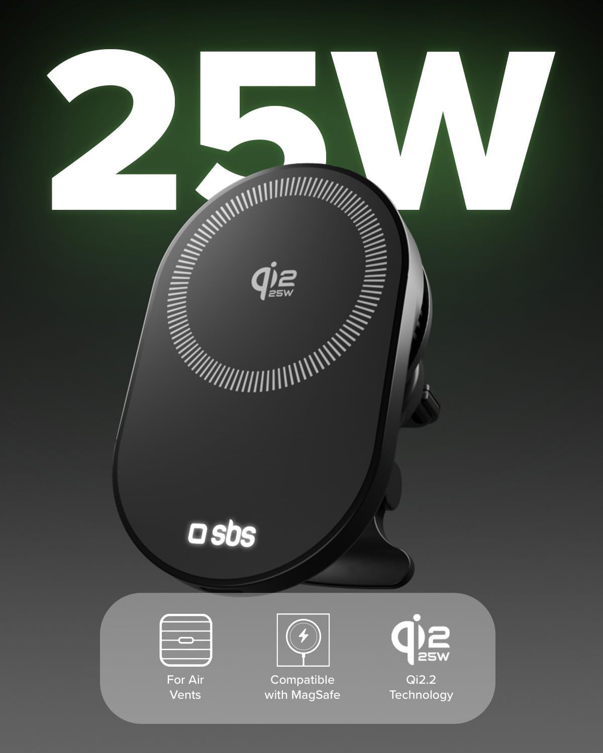 Qi2 25W Chargeur sans Fil MagSafe, Support Téléphone Voiture Magnétique, Fixation Grille d'Aération, Recharge Rapide, Alimentation USB-C, Chargeur pour iPhone, Android, Noir 25W CAR