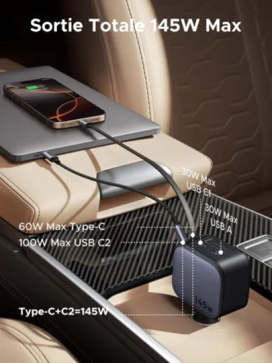 Nexode 145W 4 en 1 Chargeur Allume Cigare USB C Rétractable Chargeur Voiture Charge Rapide Compact Compatible avec iPhone 17 Pro Max Air 16 15 MacBook Pro Air iPad Galaxy Tab Galaxy S25 Ultra