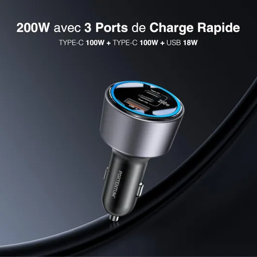 Charger Allume Cigare USB C 200W Triple – Inclus Câble 100W USB-C – Charger Voiture – 2X USBC PD 100W + USBA QC 18W – Prise Allume Cigare 12V pour iPhone iPad MacBook Android