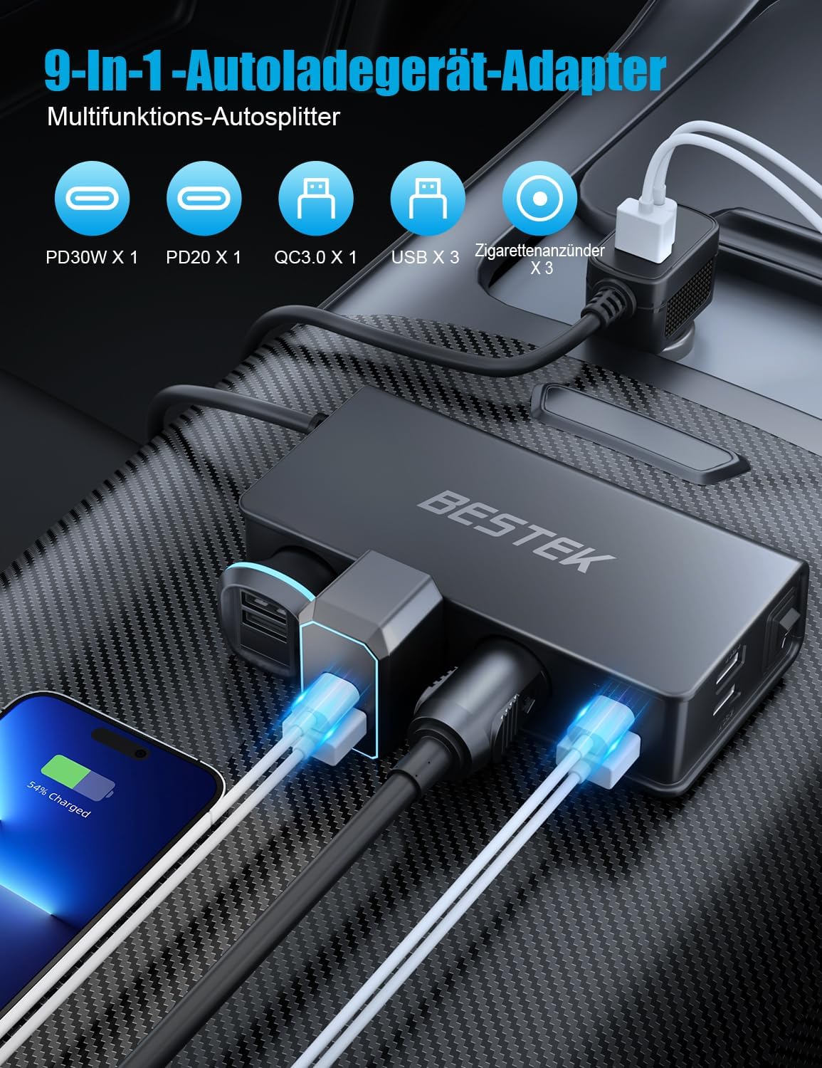 BESTEK Prise Allume Cigare 12v/24V 9 in 1 Chargeur Adaptateur Allume Cigare USB c Caricatore Da Auto PD 30W QC 18W Con 3 Prese & 6 Porte USB Con Display LED per Iphone Dash Cam noir-49