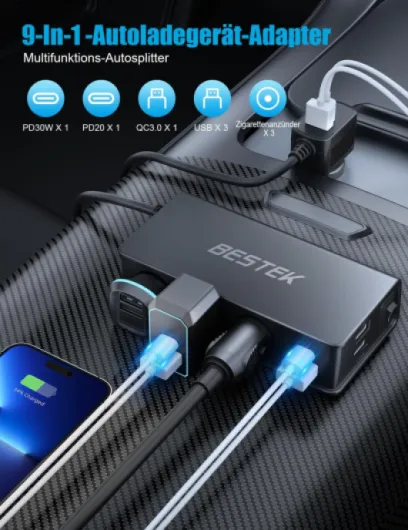 BESTEK Prise Allume Cigare 12v/24V 9 in 1 Chargeur Adaptateur Allume Cigare USB c Caricatore Da Auto PD 30W QC 18W Con 3 Prese & 6 Porte USB Con Display LED per Iphone Dash Cam noir-49