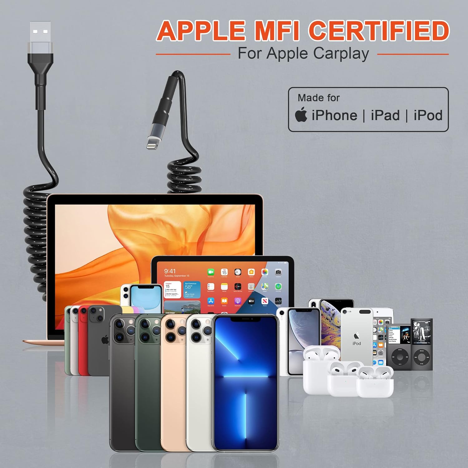 Câble Spiralé USB A à Lightning, Certifié Apple Carplay et MFi avec Transmission de Données et LED pour iPhone/Pad/Pod - Chargeur Court Rétractable