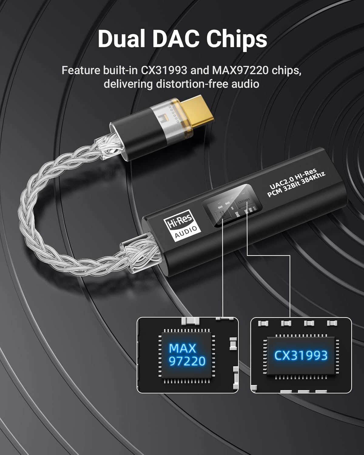 Adaptateur Audio USB C vers 3,5mm, Double Puce DAC HiFi CX31993 & MAX97220, 32bit/384KHz Type C vers Jack Casque AUX pour iPhone 17/16, iPad, Galaxy S26/S25, Pixel, Noir