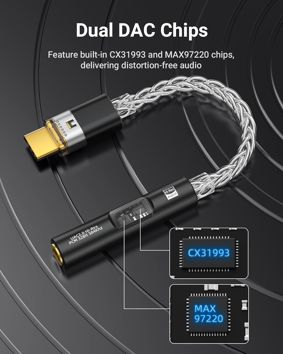 Adaptateur Audio USB C vers 3,5 mm - Double Puce CX31993 MAX97220 DAC et Amplificateur HiFi, Adaptateur Jack 3,5 mm de Type C vers Casque pour Android iPhone iPad Mac Windows Switch PS5, Noir
