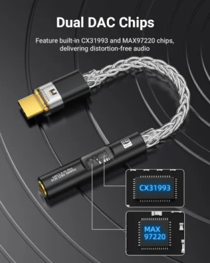 Adaptateur Audio USB C vers 3,5 mm - Double Puce CX31993 MAX97220 DAC et Amplificateur HiFi, Adaptateur Jack 3,5 mm de Type C vers Casque pour Android iPhone iPad Mac Windows Switch PS5, Noir