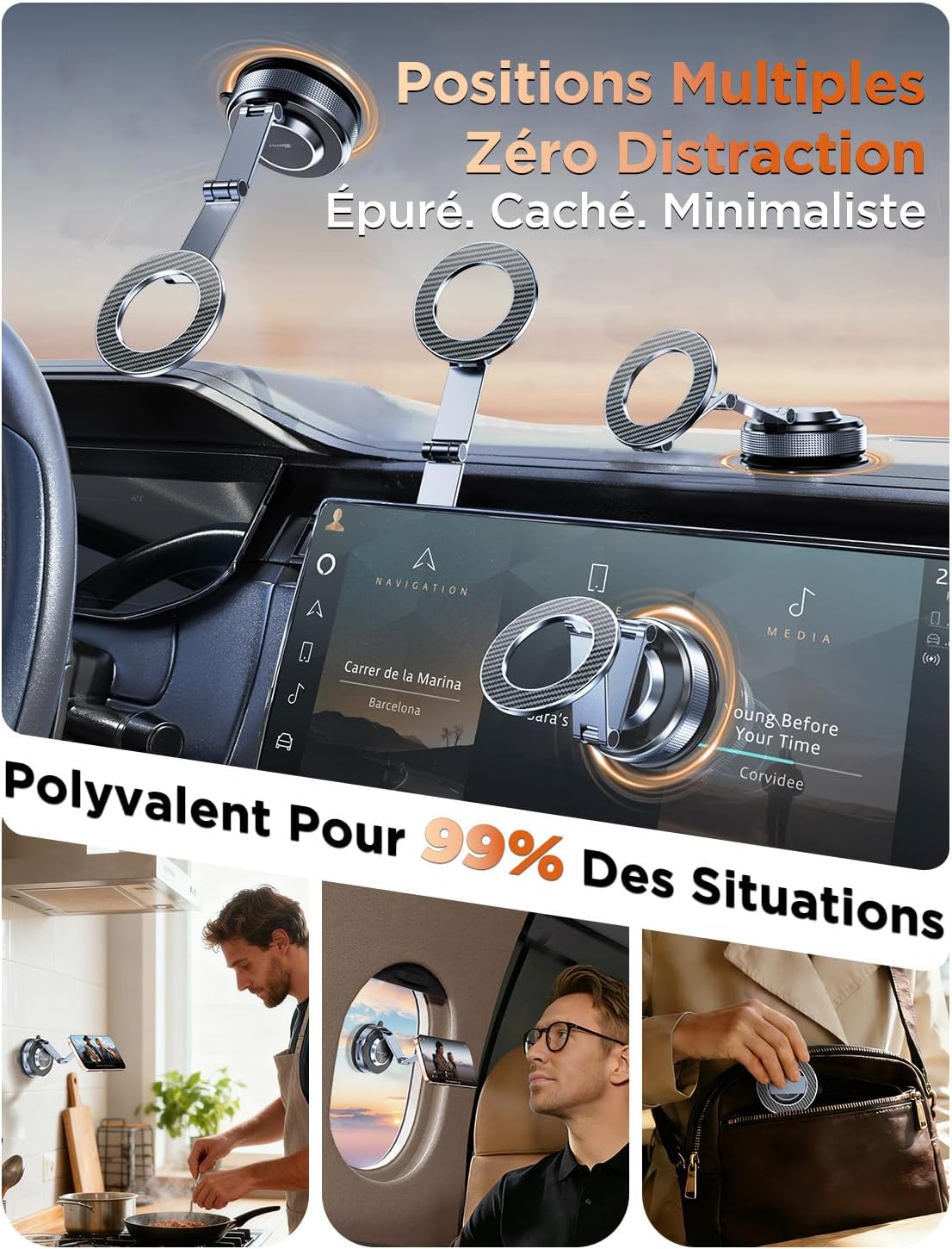 Support Téléphone Voiture – Vmag S3 Adaptateur Magnets Puissants ＆ Longue en Alliage, Support Téléphone Portable pour iPhone 17 Pro Max, iPhone 16 Pro Max et Android (avec Anneau Magnétique) Noir
