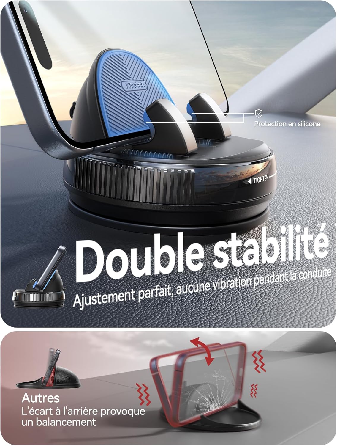 Support Téléphone Voiture Tableau de Bord [Gel & Ventouse] Porte Telephone Voiture Compatible avec Coques jusqu'à 19 mm, Car Phone Holder pour iPhone/Samsung/Google/Android Smartphones Noir