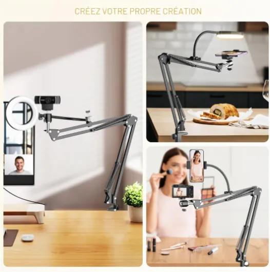 Support de caméra aérien avec Anneau Lumineux, Support de Bras de téléphone articulé Flexible Compatible avec iPhone, Webcam Logitech, trépied de Bureau pour Youtube Live Stream Video Recording Noir