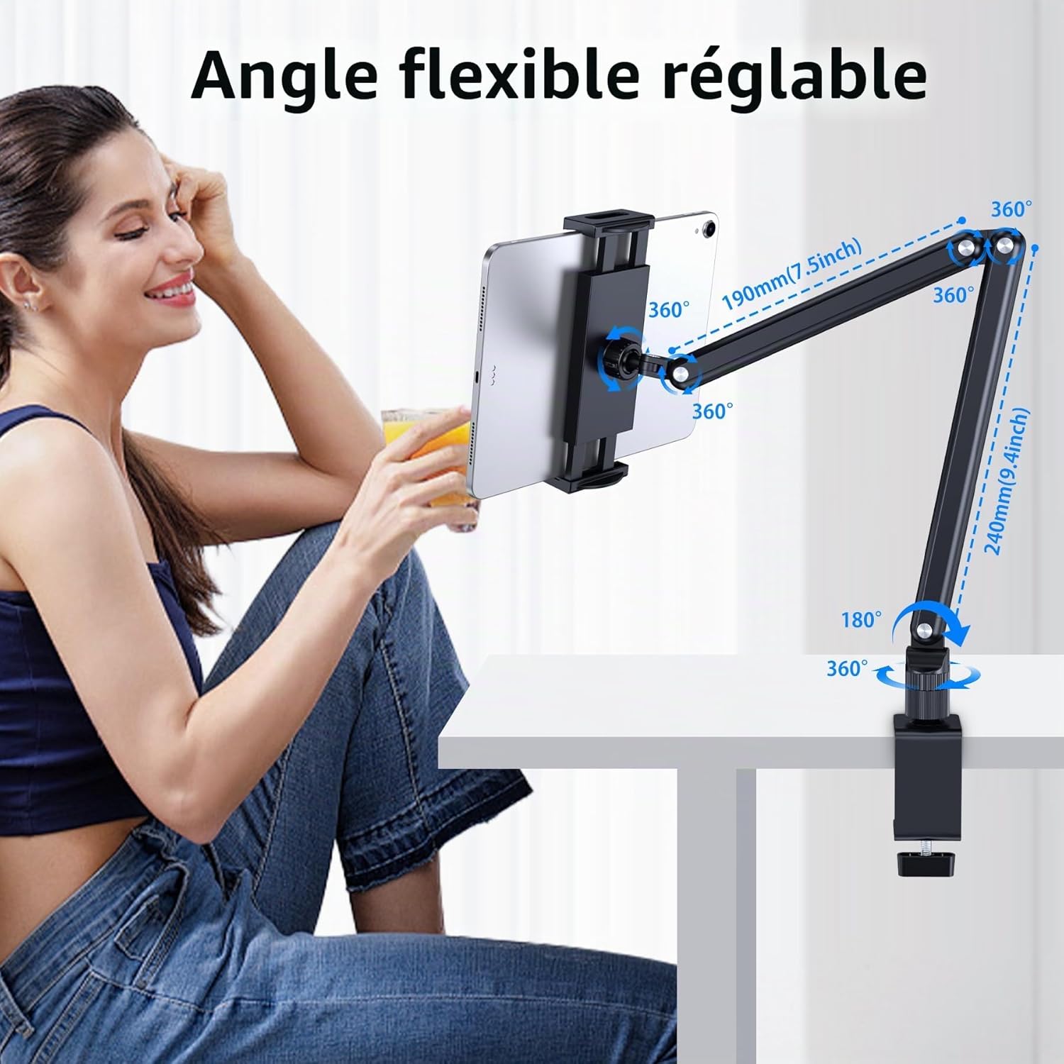 Support de tablette en aluminium avec base métal rotative 360° convient pour iPad Air Pro Mini, téléphones, Samsung Galaxy, Kindle, tous les appareils High - Two Arm Mount