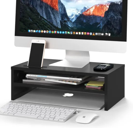 Rehausseur Ecran PC Bureau, Support Ordinateur en Bois Noir a 2 Niveaux, Support Moniteur avec Gestion des Cables, Fente pour Telephone, Rangement pour Bureau Organise et Setup Gaming Largeur 420mm 2 étages
