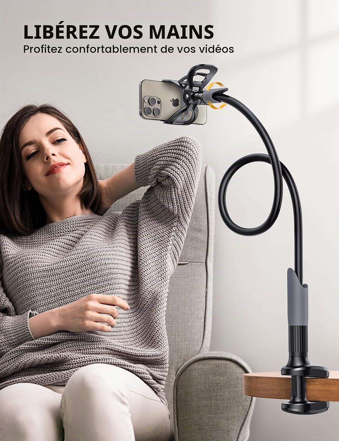 Support Téléphone, Gooseneck Support Réglable - Universelle Rotation 360° Support pour iPhone 17 Pro Max Air, 16/15/14/13 Pro Max Mini, XS XR X 8 7, Switch, Samsung, Smartphones - Noir