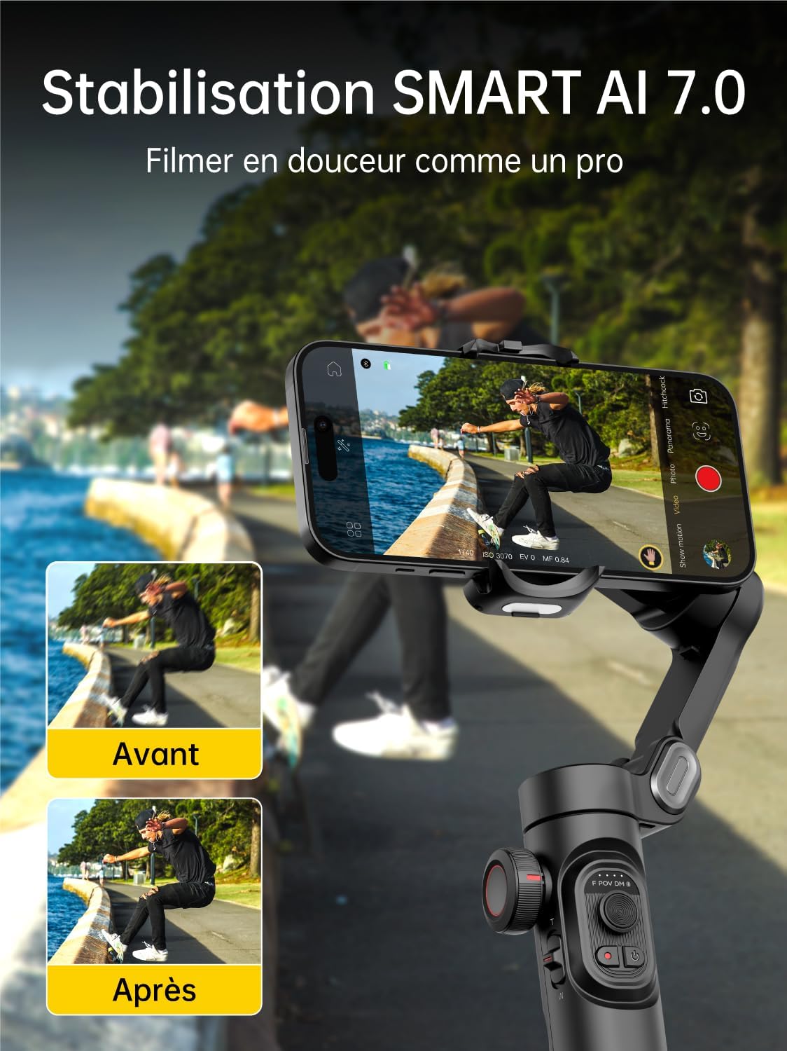 AOCHUAN Stabilisateur de téléphone 3 Axes pour Smartphone Pliable avec molette de Mise au Point TikTok Youtube Vlog pour iPhone16 15 14 13 12 Pro Max Android - Smart XE