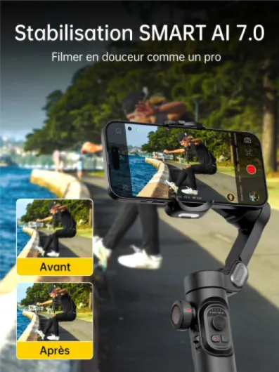 AOCHUAN Stabilisateur de téléphone 3 Axes pour Smartphone Pliable avec molette de Mise au Point TikTok Youtube Vlog pour iPhone16 15 14 13 12 Pro Max Android - Smart XE