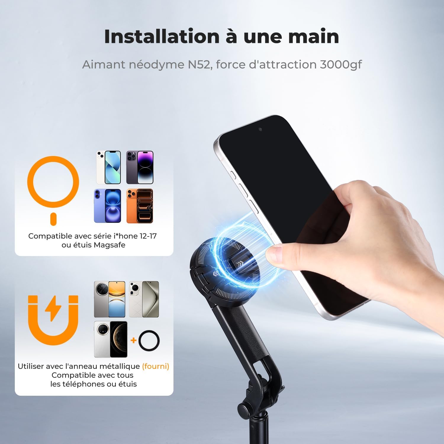 K&F CONCEPT TF08 180cm Trépied Selfie Stick iPhone Compatible avec DJI OSMO Pocket 3/4, Clip 3 en 1 Trépied Téléphone Magnétique & Vis 1/4", Trépied MagSafe Compatible avec iPhone 17/16/15,Insta360 X5 Noir