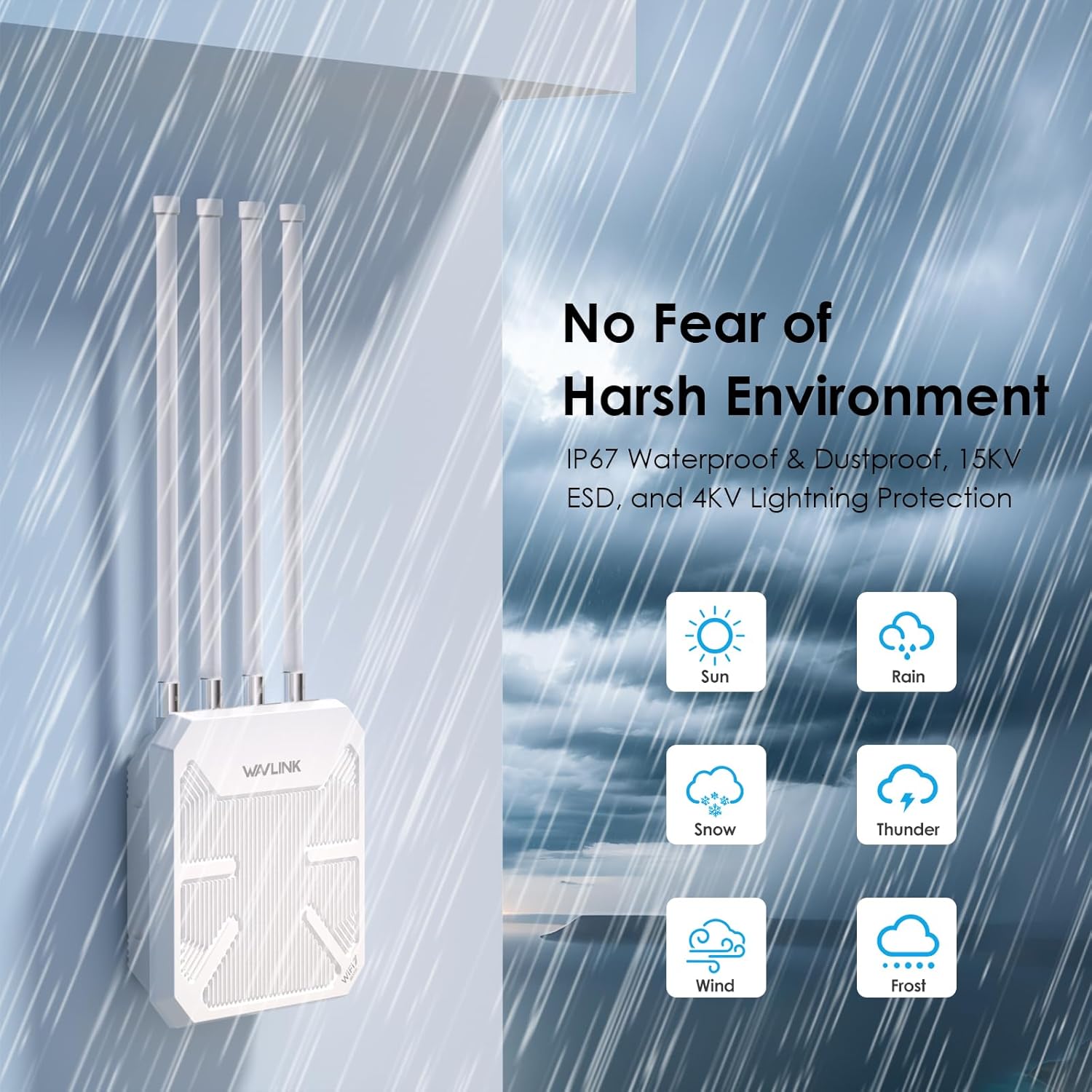 Routeur WiFi 7 WAVLINK Extérieur BE5100 Mesh, Répéteur, Point d’Accès, IP67 Étanche, ESD 15KV, Parafoudre 4KV, PoE Actif/Passif, Antennes 8dBi, Longue Portée Ruraux & Entreprises