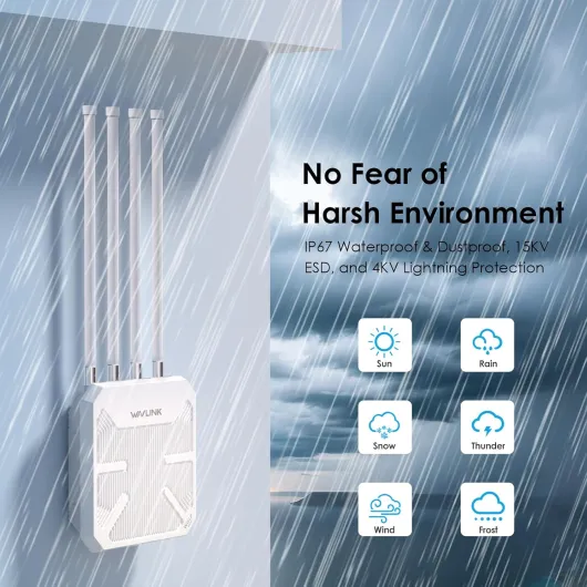 Routeur WiFi 7 WAVLINK Extérieur BE5100 Mesh, Répéteur, Point d’Accès, IP67 Étanche, ESD 15KV, Parafoudre 4KV, PoE Actif/Passif, Antennes 8dBi, Longue Portée Ruraux & Entreprises