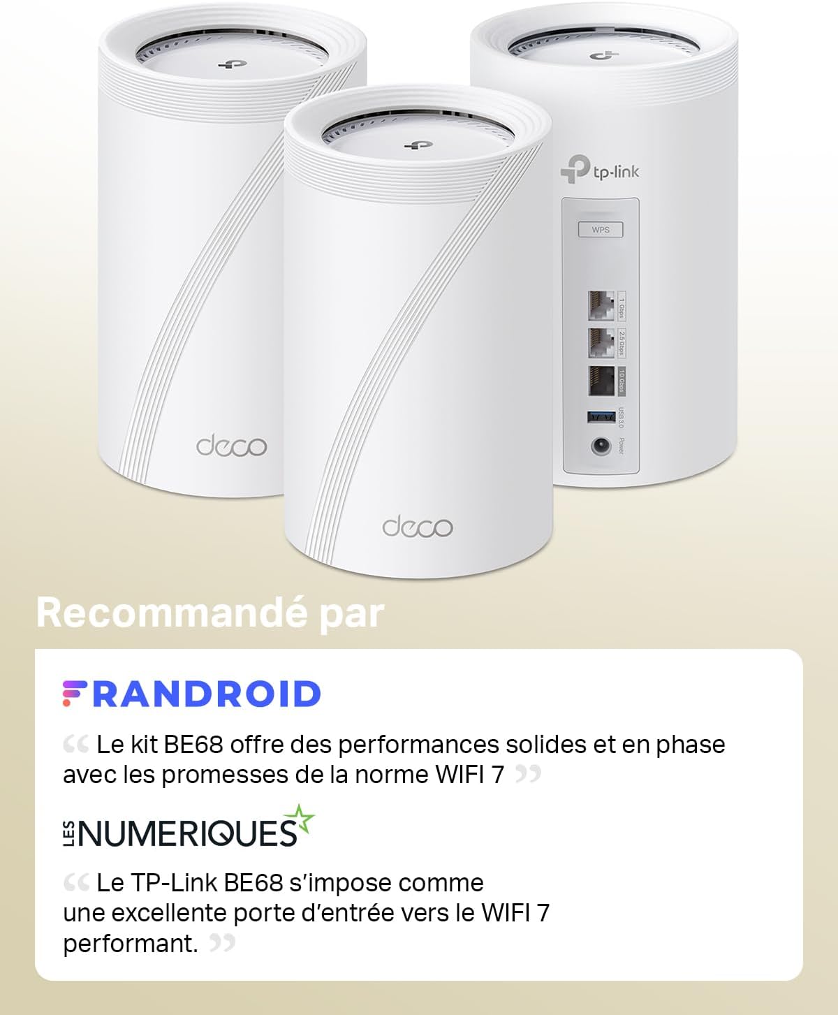 TP-Link Deco BE68 (3-Pack), WiFi 7 Mesh BE14000 tri-Bande, 14 Gbit/s, Port Ethernet jusqu'à 10 Gbit/s, Bande 6 GHz, Couverture jusqu'à 700 m², Compatible avec Toutes Les Box Internet Fibre