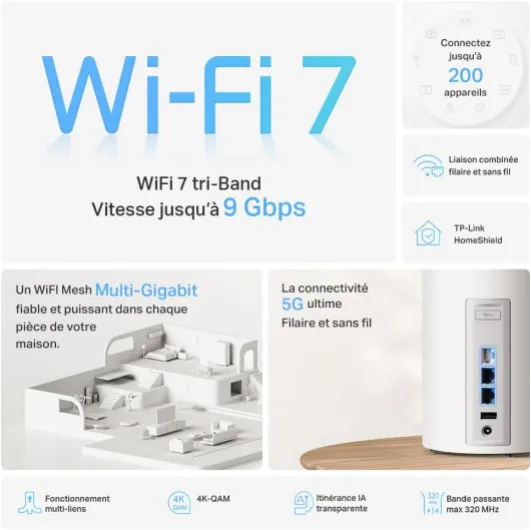 TP-Link WiFi 7 Mesh BE9300 Tri-Bande, 2 Ports 5Gbps, Port 2.5Gbps, MLO, Itinérance Transparente, Contrôle Parental, Compatible avec Toutes Les Box Fibre, WPA3, Deco BE65 Pro(2-Pack) 2 Pack WiFi 7 BE9300 Ports 5G
