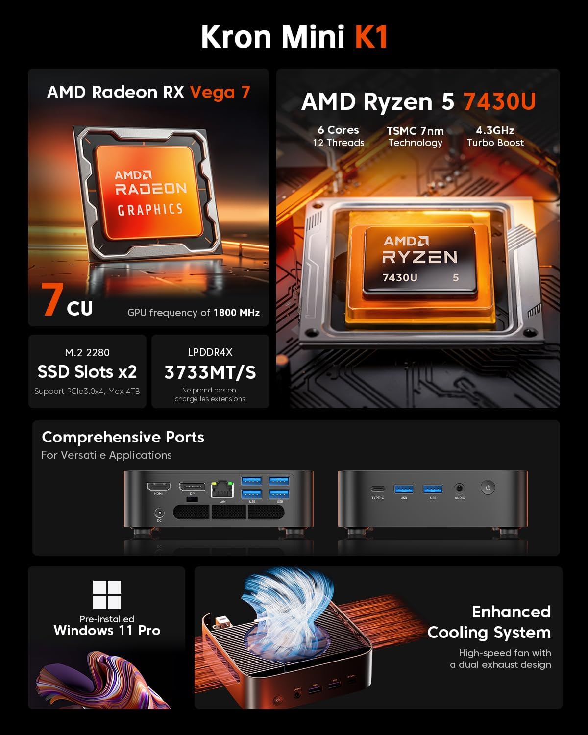Mini PC, AMD Ryzen 5 7430U (6C/12T, jusqu'à 4,3 GHz), 16Go LPDDR4 512Go M.2 2280 SSD Mini Ordinateur de Bureau BT 5.2/WiFi 6/Type-C/W-11 Pro/4K UHD, Mini Tour PC avec VESA pour école/Bureau 16 Go 512 GB