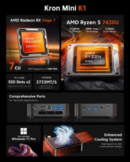 Mini PC, AMD Ryzen 5 7430U (6C/12T, jusqu'à 4,3 GHz), 16Go LPDDR4 512Go M.2 2280 SSD Mini Ordinateur de Bureau BT 5.2/WiFi 6/Type-C/W-11 Pro/4K UHD, Mini Tour PC avec VESA pour école/Bureau 16 Go 512 GB