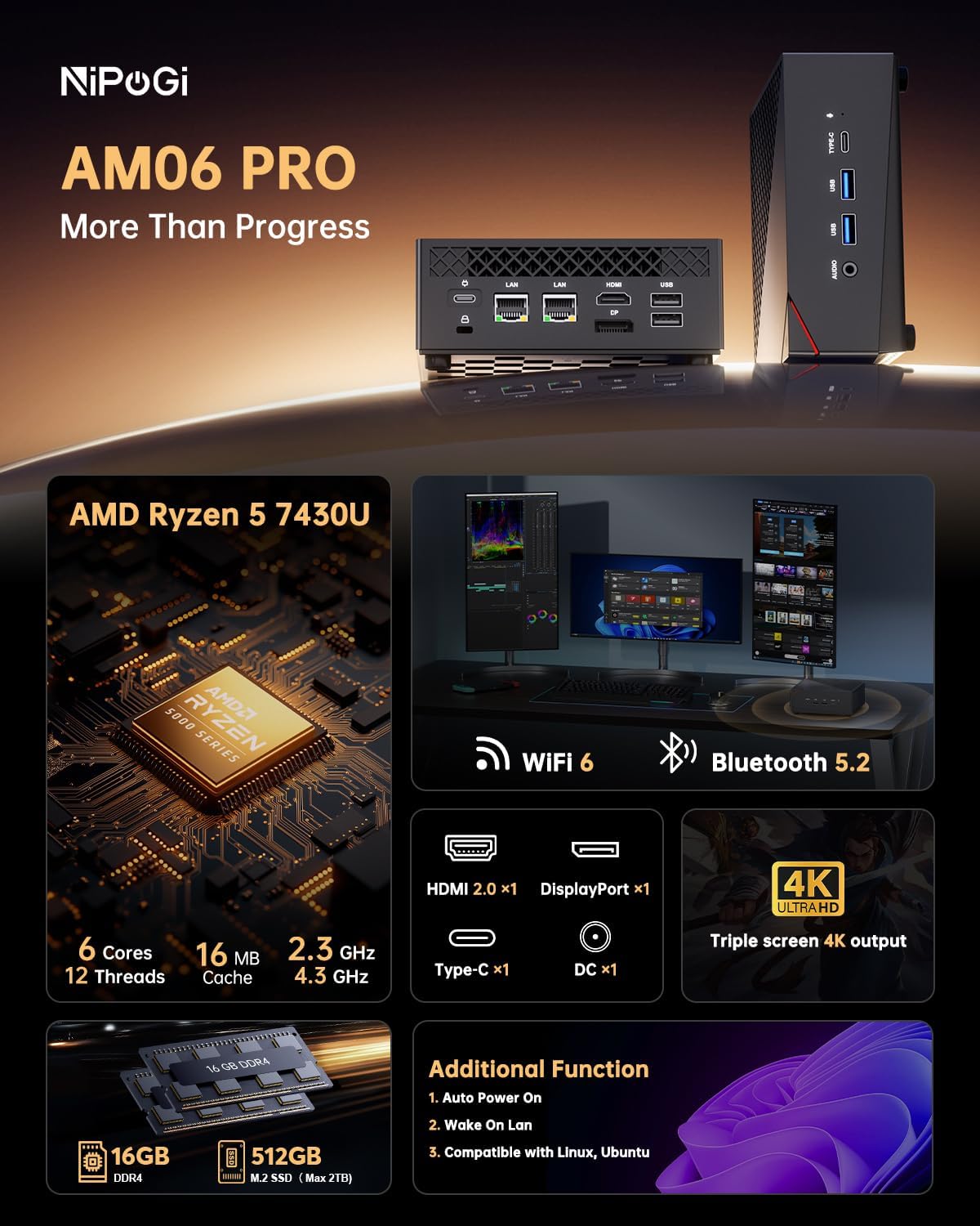 AM06 Pro Mini PC АMD Ryzen 5 7430U(6C/12T, jusqu'à 4,30 GHz), 16 Go DDR4 512 Go SSD M.2 Mini Ordinateur de Bureau WiFi 6 pour l'école/Bureau, Double LAN, DP, HDMI 2.0, Type-C, Triple écran 4K - 16 Go 512 GB