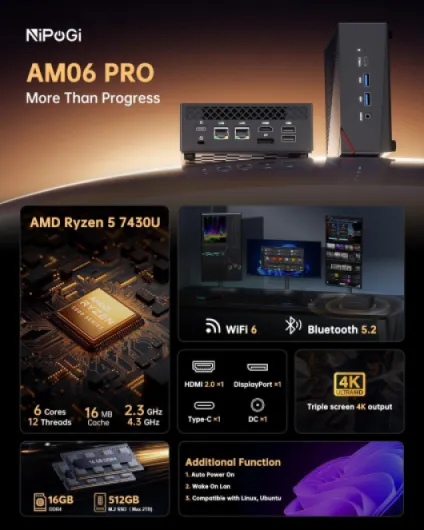 AM06 Pro Mini PC АMD Ryzen 5 7430U(6C/12T, jusqu'à 4,30 GHz), 16 Go DDR4 512 Go SSD M.2 Mini Ordinateur de Bureau WiFi 6 pour l'école/Bureau, Double LAN, DP, HDMI 2.0, Type-C, Triple écran 4K - 16 Go 512 GB