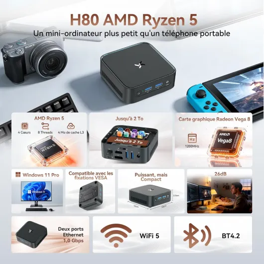 Huidun H80 Mini PC AMD Ryzen 5(Mieux Que 4300U/N150/i3-10110U),16Go RAM 512Go SSD,4K@60Hz UHD,Win-11 Pro Mini Ordinateur de Bureau avec WiFi/BT/USB 3.2,Idéal École/Maison/Bureau noir