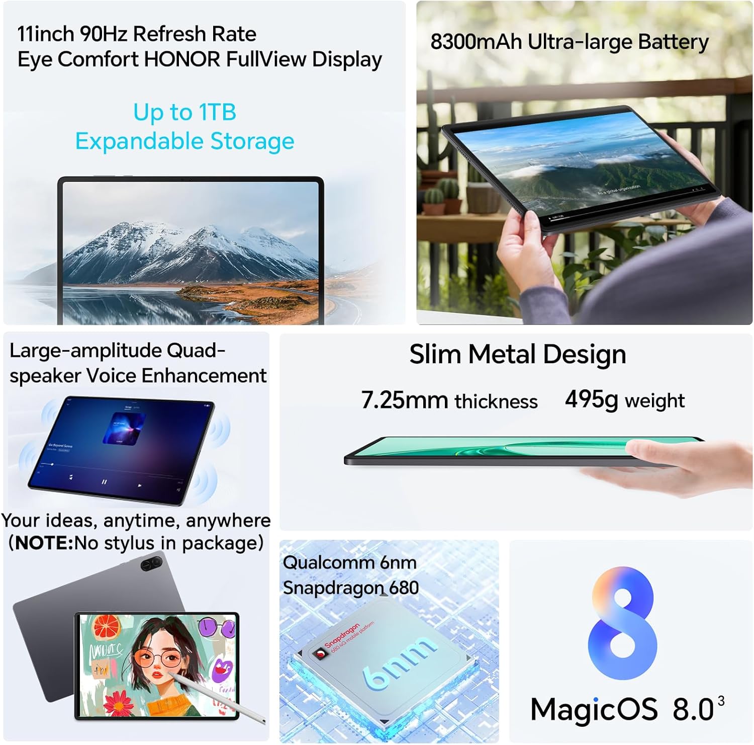 Pad X8A 4Go 64Go, Extensible à 1 TB, WiFi Tablette, Écran 11 Pouces 90Hz, Snapdragon 680, 4 Haut-parleurs, Batterie de 8300mAh, Corps en métal, Android 14, Google Service, Gris 64 GB ROM 4 GB RAM Gris