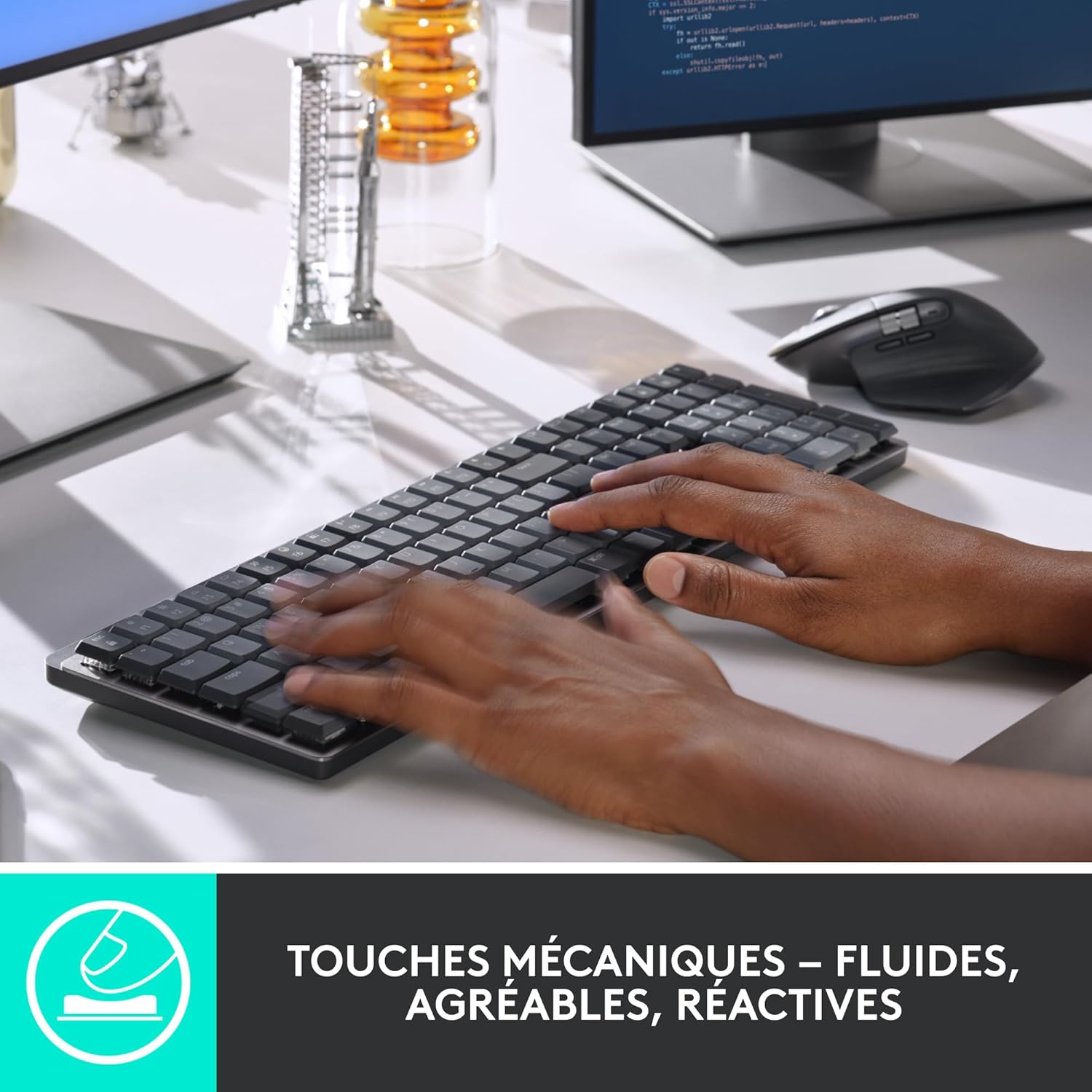 MX Mechanical Clavier sans Fil Rétroéclairé Performant, Boutons Tactiles Silencieux, Rétroéclairage, Bluetooth, USB-C, macOS, Windows, Linux, iOS, Android, Métal, Français AZERTY - Gris Pleine Taille Clavier seul Graphite
