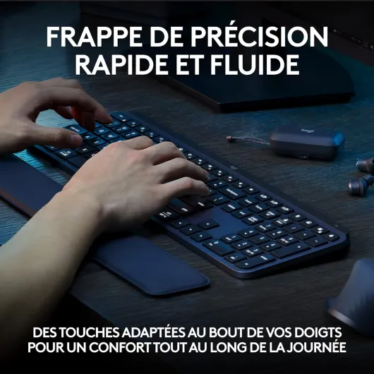 MX Keys S Plus Clavier Sans Fil Rechargeable, Clavier Silencieux, Rétroéclairé, Touches Ergonomiques et Programmables, Bluetooth, Windows PC/Linux/Chrome/Mac-Graphite, Clavier Français AZERTY MX Keys S + Repose-poignets Graphite