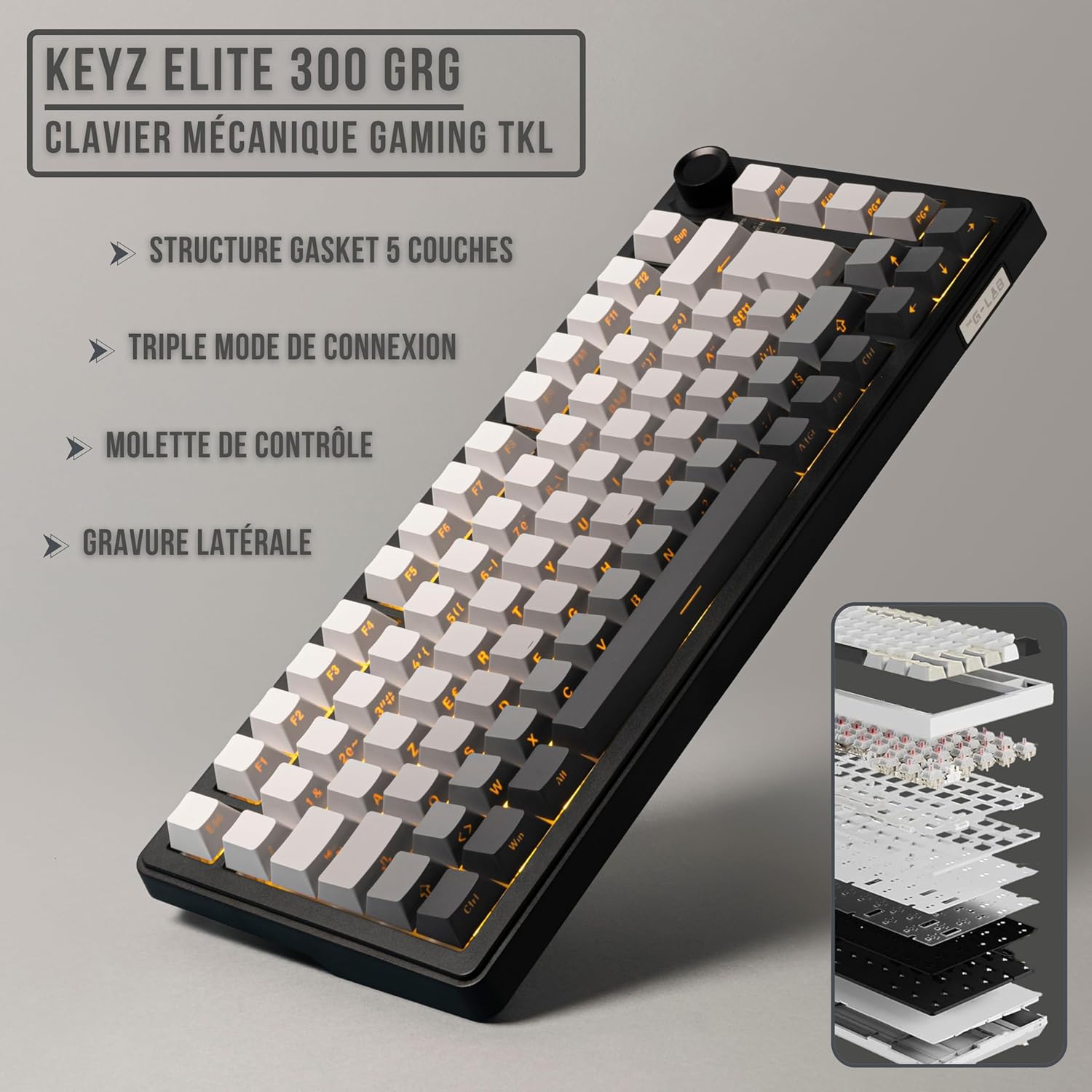 The G-Lab KEYZ Elite 300 GRG - Clavier Gamer sans Fil TKL Tri Mode 2.4 Ghz/Bluetooth/Filaire - Clavier Mécanique Hot Swap, Switchs Pré-lubrifiés, Gravur Latéral, RGB+Macro - AZERTY FR - Windows/Mac KEYZELITE300GRG