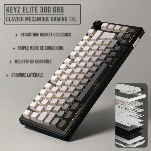The G-Lab KEYZ Elite 300 GRG - Clavier Gamer sans Fil TKL Tri Mode 2.4 Ghz/Bluetooth/Filaire - Clavier Mécanique Hot Swap, Switchs Pré-lubrifiés, Gravur Latéral, RGB+Macro - AZERTY FR - Windows/Mac KEYZELITE300GRG