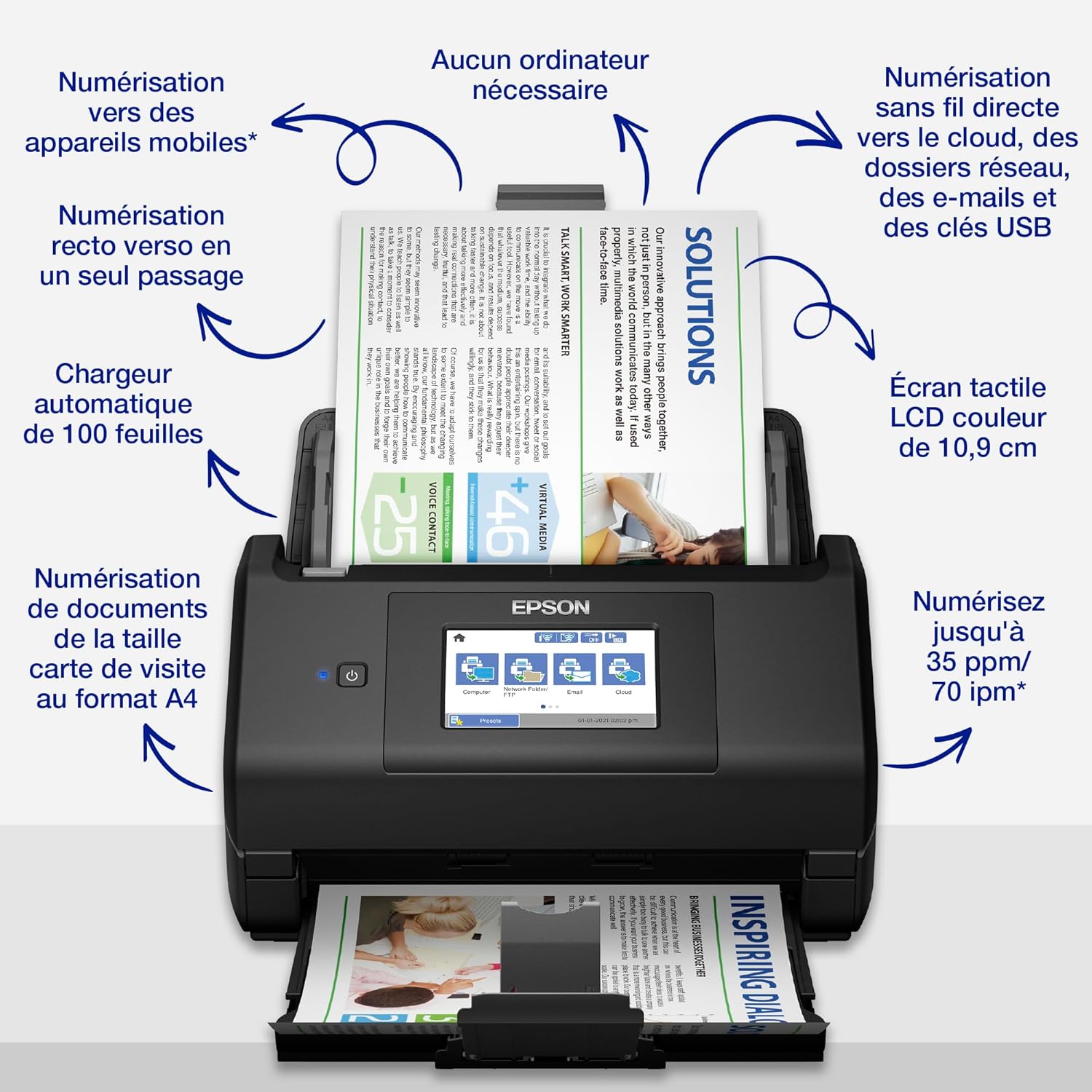 WorkForce ES-580W - Scanner de documents - 600 DPI, 35ppm/70ipm, A4, recto-verso, pas de PC nécessaire, ADF 100 feuilles, WiFi, écran tactile