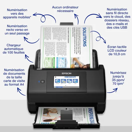 WorkForce ES-580W - Scanner de documents - 600 DPI, 35ppm/70ipm, A4, recto-verso, pas de PC nécessaire, ADF 100 feuilles, WiFi, écran tactile