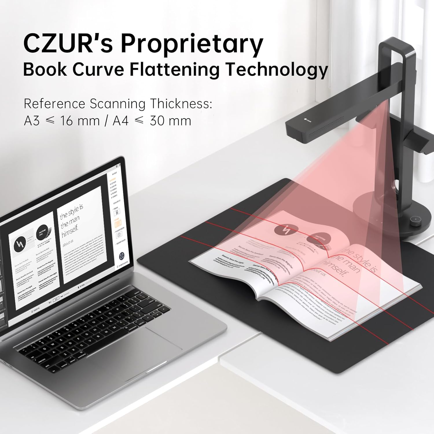Aura Pro Scanner Livre Portable & Pliable, Scanner Rapide Documents avec Fonction OCR Multilingue, Numérisation des Formats A4 & A3 pour Bibliothèques et Bureau, Compatible Windows & macOS